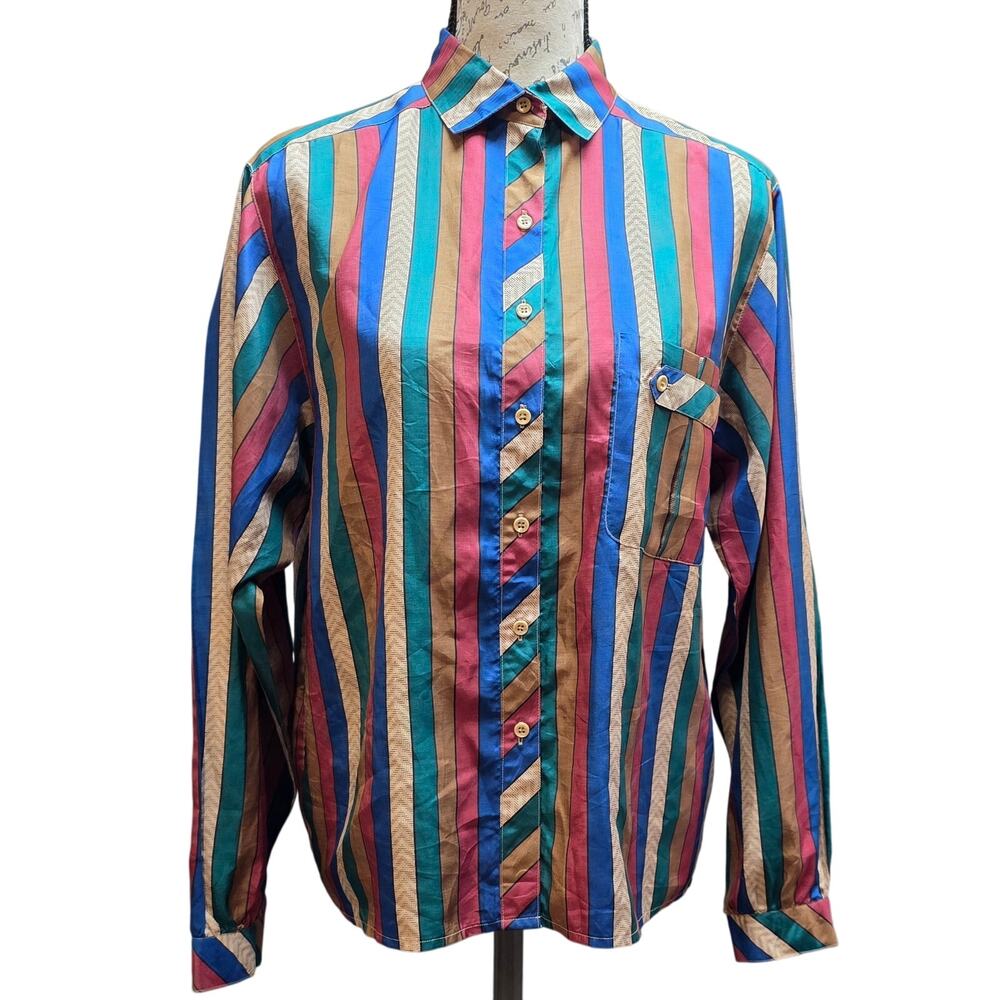 Ship n Shore‎ Womens M/L Blouse 70s Retro Tailored Vertical Stripes Boho Hippie